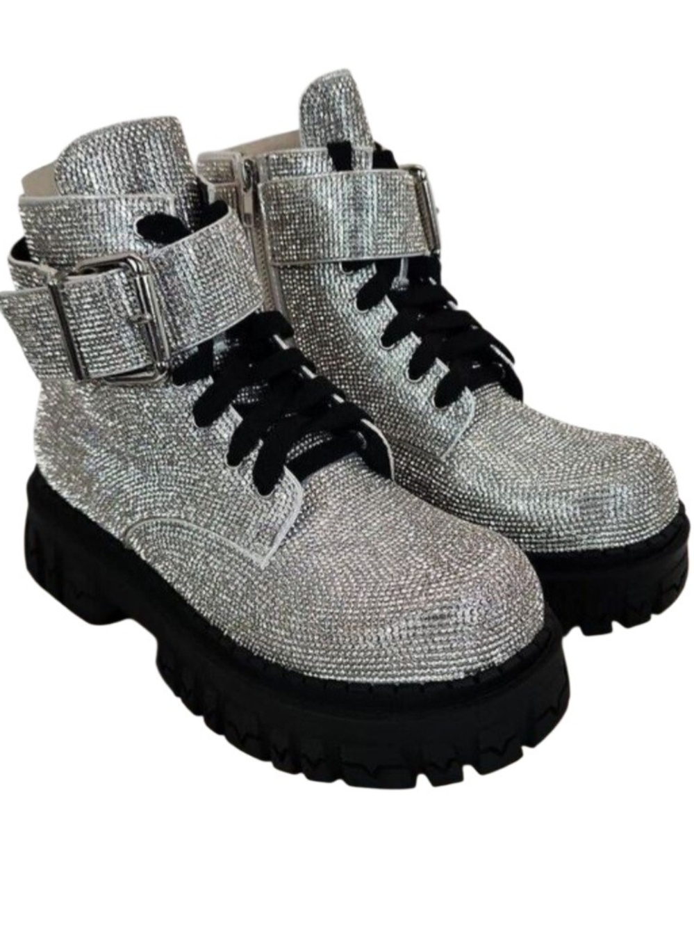 Dolls Kill Poster Girl Silver Rhinestone Combat Lace-Up Ankle Boots Buckle Strap
